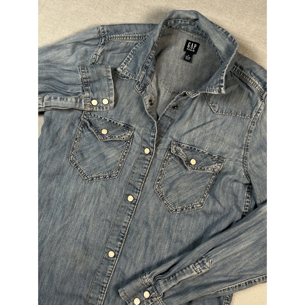 Gap Women's Shirt Denim Pearl Snap Button‎ Western Long Sleeve Pockets Size XS
